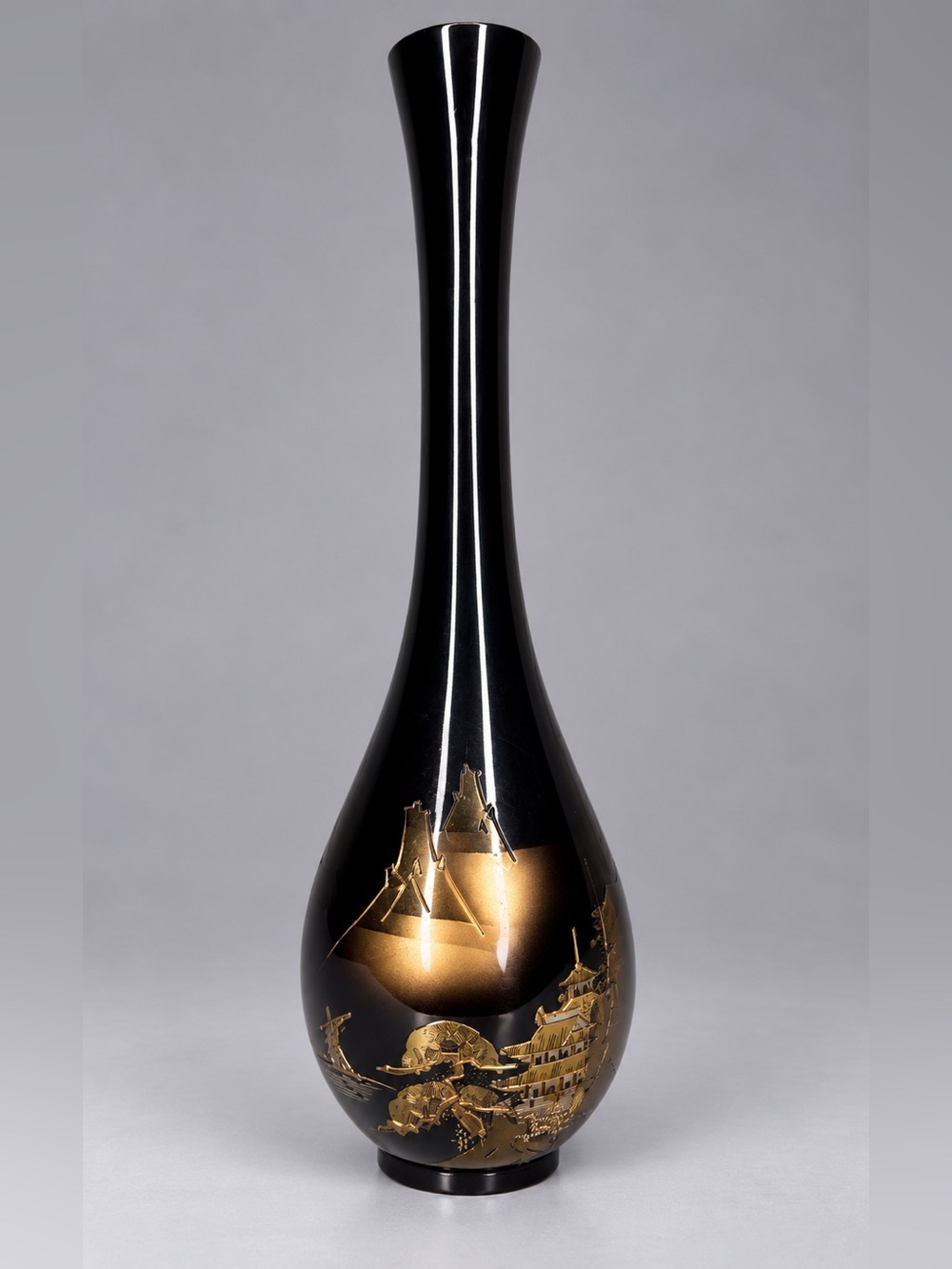 Vintage Japan Black Gold Metal Bud Vase Mt Fuji Pagoda Landscape 9”